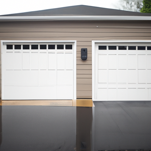 Suburban two-car garage with modern paneled door, visible smart keypad and sensor, Marlboro-style home exterior