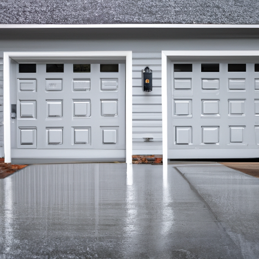 New sectional garage door on a two-car suburban home in Marlboro, NJ on wet pavement after rain.