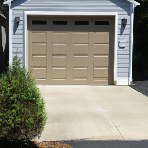 Residential garage door partially open on a Marlboro, NJ driveway with native landscaping; no people.