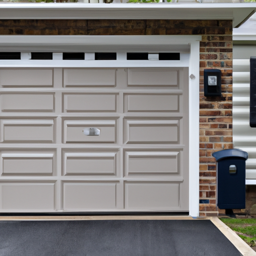 Suburban Marlboro driveway with modern sectional garage door and visible smart keypad in soft daylight.