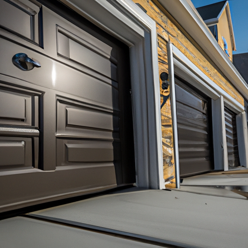 Suburban Marlboro home exterior with a closed insulated sectional garage door, visible seals and panels.