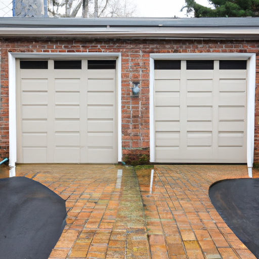 Suburban Marlboro driveway showing a closed two-car garage door, weatherstrip and tracks visible, overcast light.