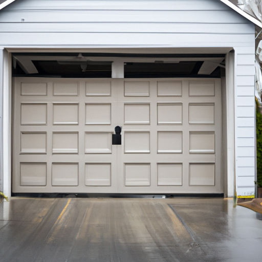 Modern residential garage door closed on a Marlboro, NJ driveway with visible tracks and opener housing, winter light.